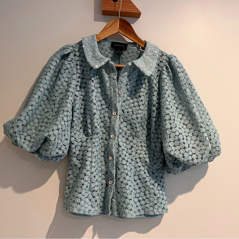 Gracia Light Blue Puffy Sleeves Collar Top and Cami Set Floral Crochet Small